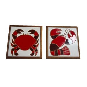 2 Hand Painted Tile Lobster  & Crab 7" Trivet  Jane Tallman Tile Art Vintage USA